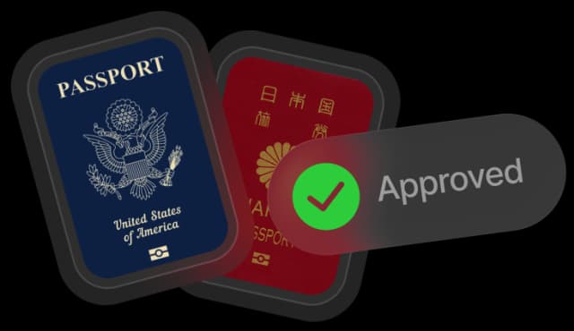 US and Japanese passports with an 'Approved' stamp overlay.